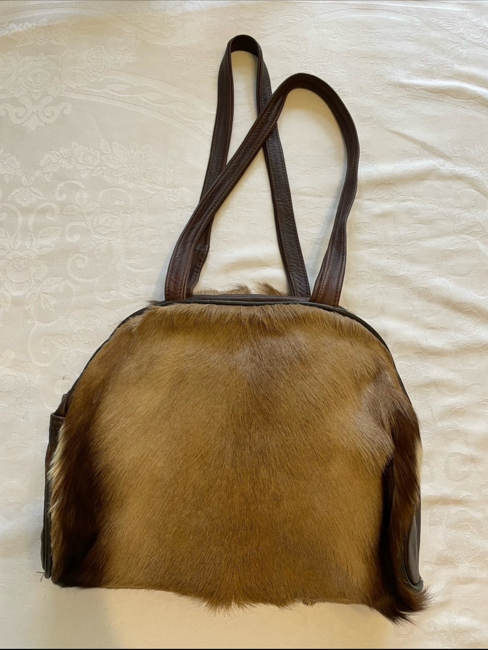 Faux Fur Brown Tote Bag with Leather Straps - Picture 3 of 11